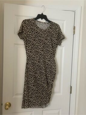 LA MIEL Leopard Print Midi Dress in Beige and Brown